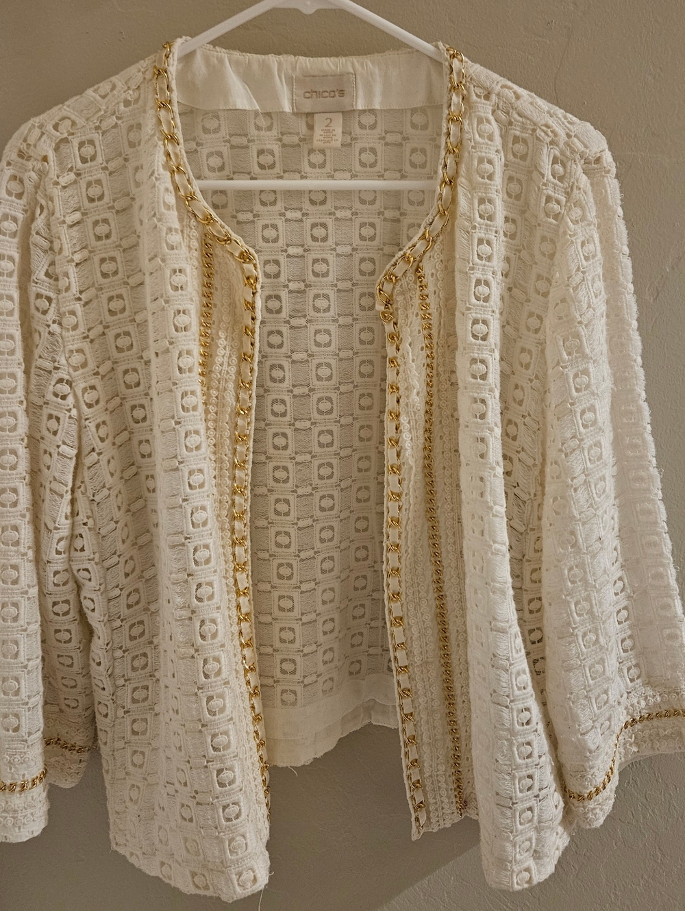 CHICO'S Blazer Womens Cream Artisan Embellished Lace Jacket Cardigan L/12